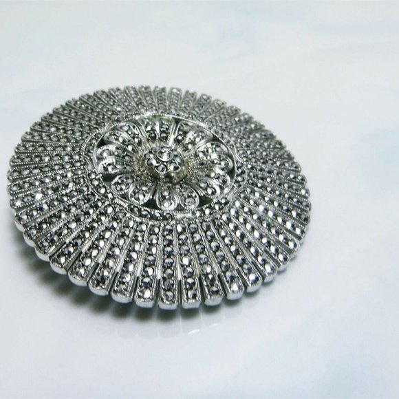 Luxurious Art Deco Sterling Silver Marcasite Cluster Ornate Fan Brooch By KD - Picture 3 of 5